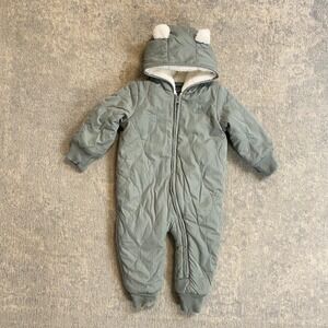 Gap Snowsuit Baby Unisex 6-12 Months Green Quilted Hooded Bear Ears Fleece